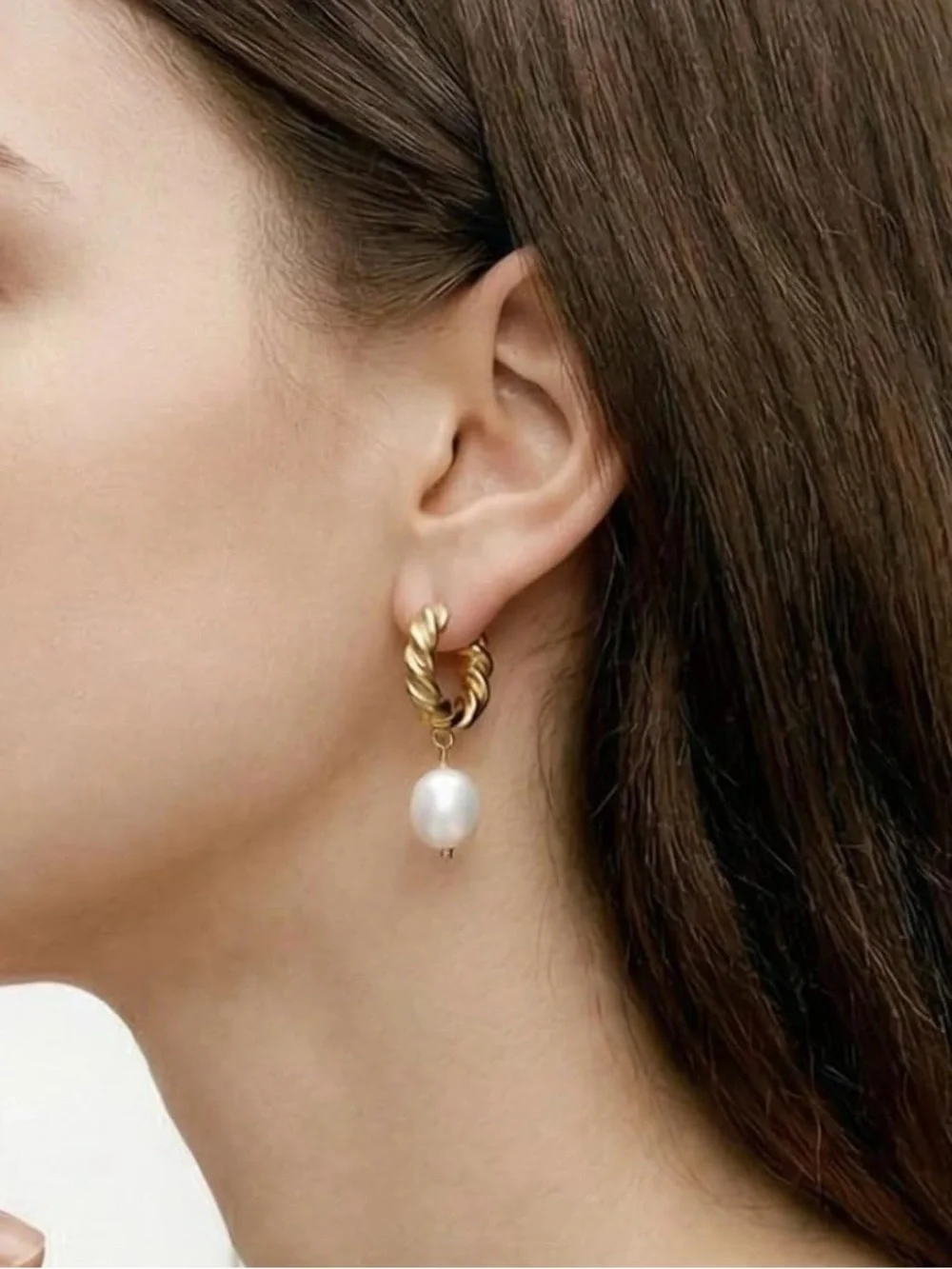 NEW  14K Gold Plated Twisted Hoop Pearl Drop Earrings